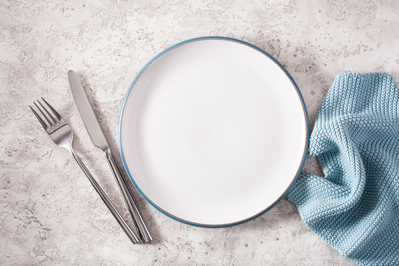 empty plate with fork, knife, naptkin